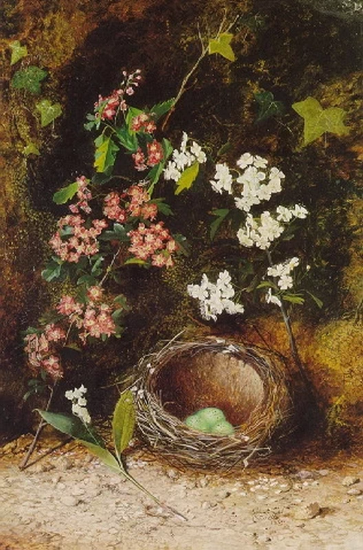 Natura morta con fiori, mughetto e nido